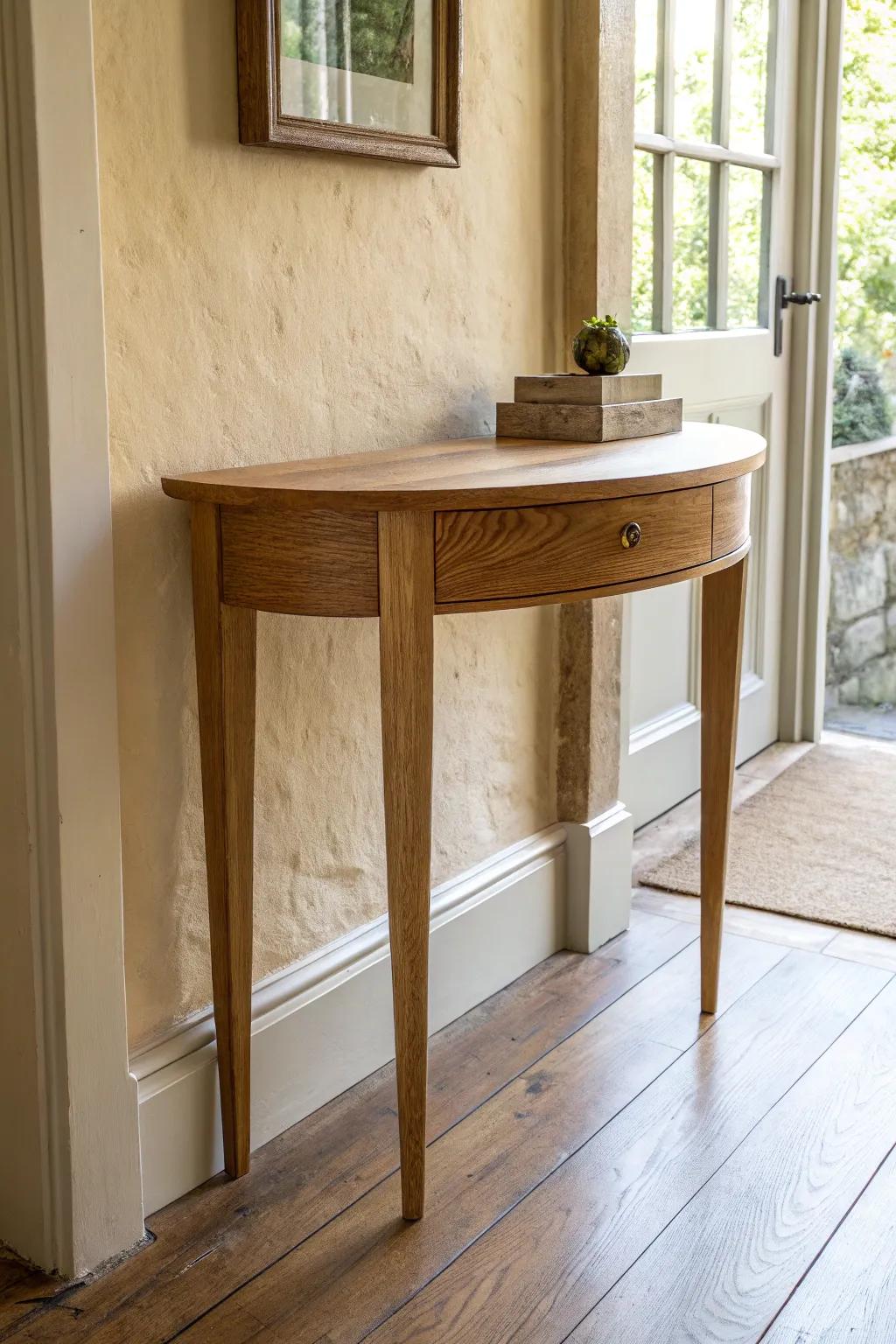 A slim half-moon entry table adds a landing spot without stealing precious walkway space.