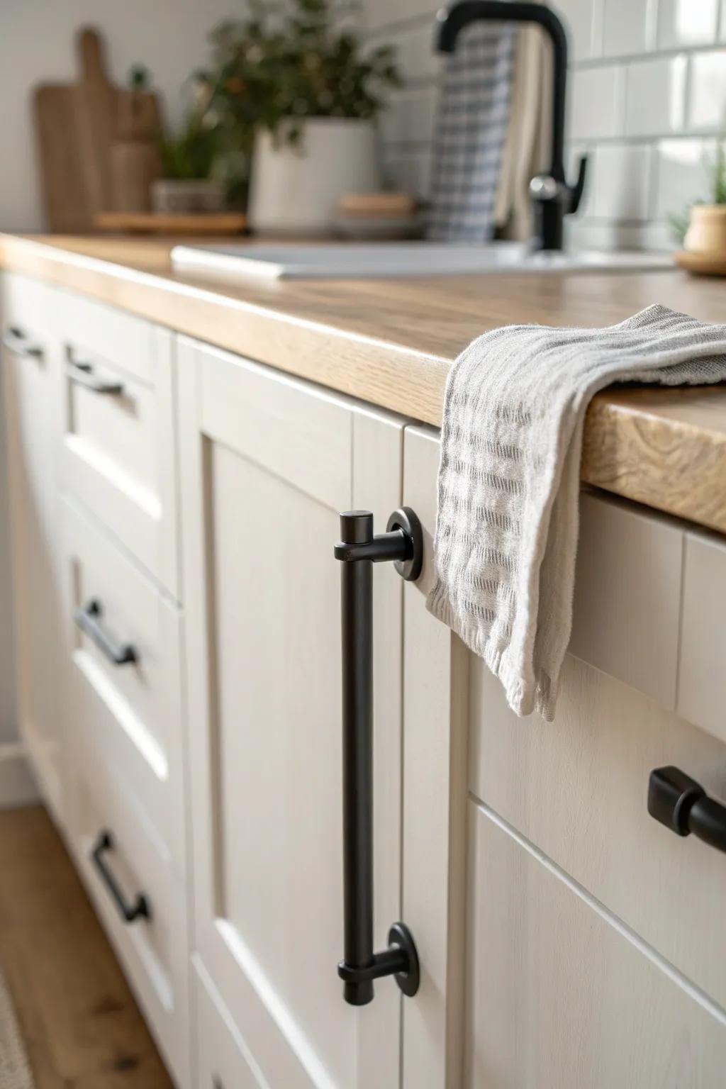 A simple black metal pull instantly makes budget farmhouse cabinets look intentional.