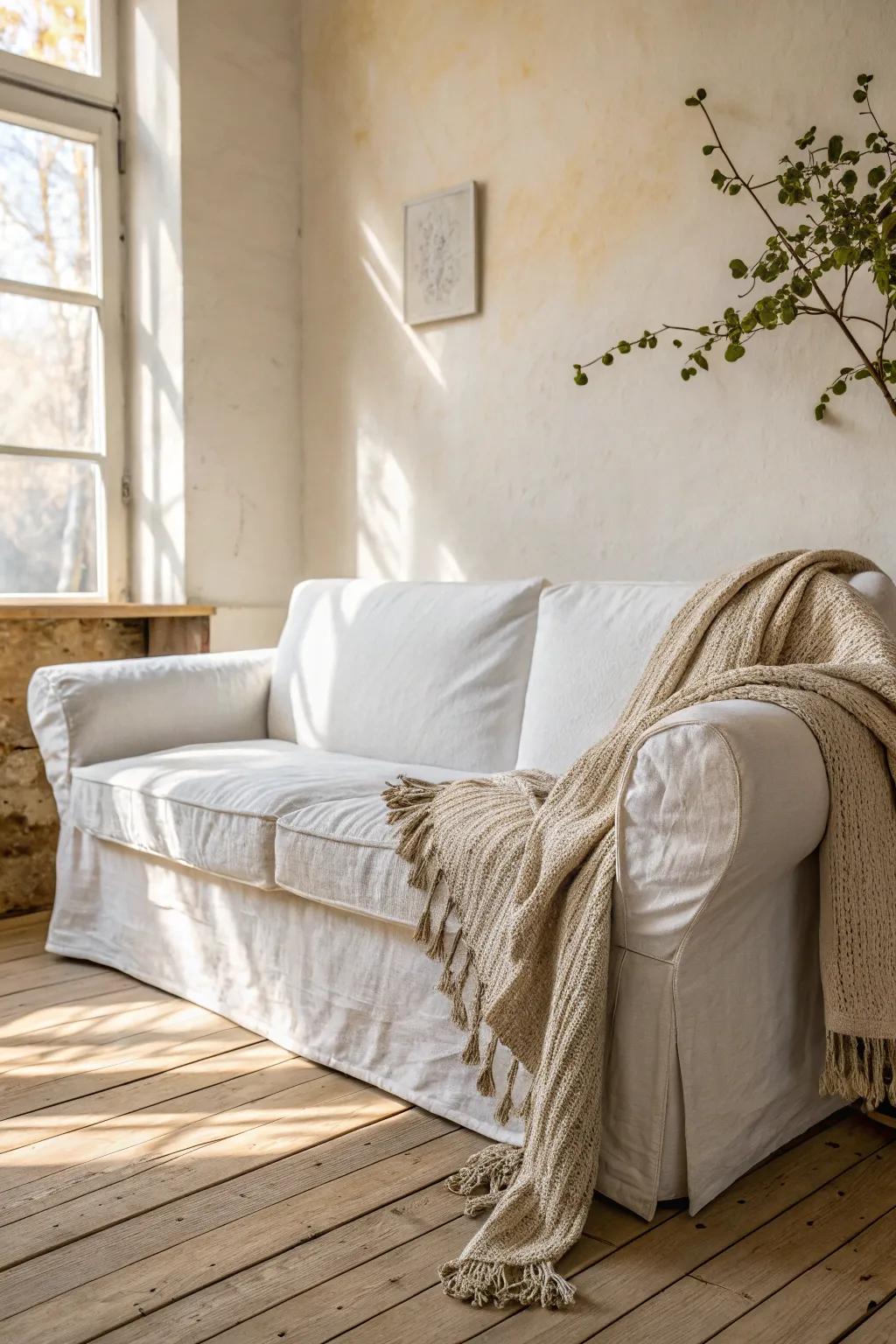 A breezy white slipcovered sofa adds cozy farmhouse charm without weighing down small rooms.