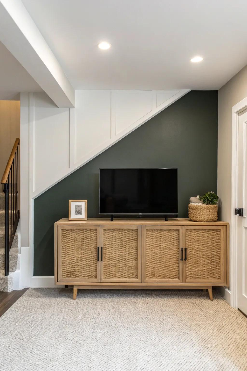 Soft-white basement walls + one moody accent make this compact space feel intentional and cozy.