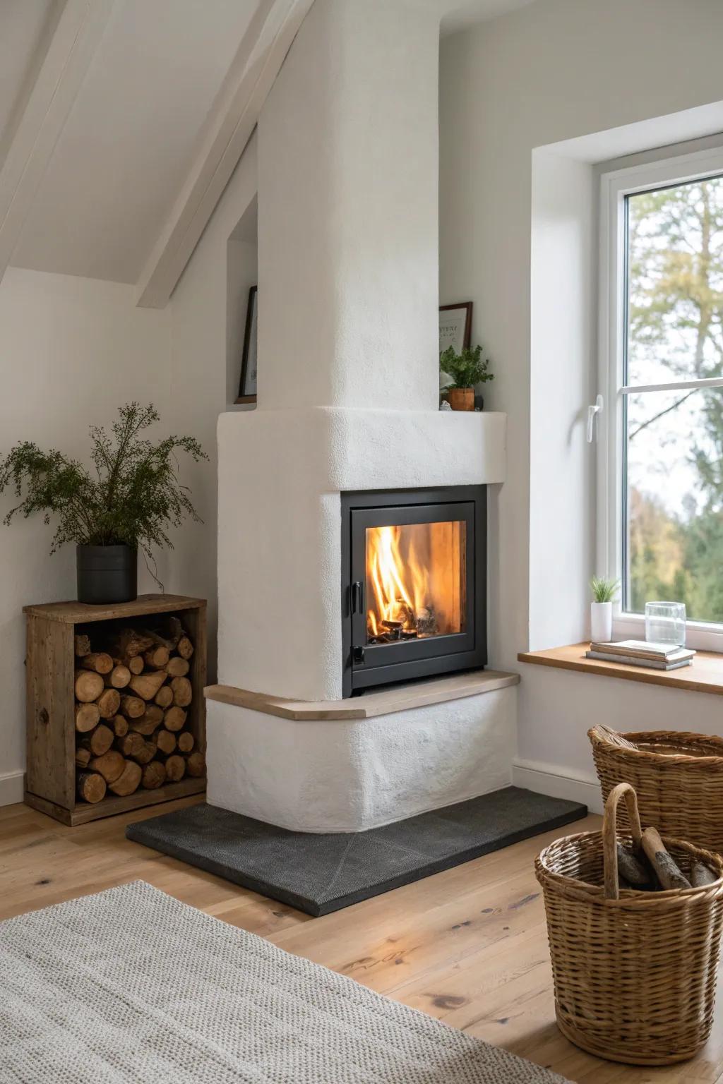 A corner fireplace that turns unused space into the coziest focal point—warm, sleek, and small-room smart.