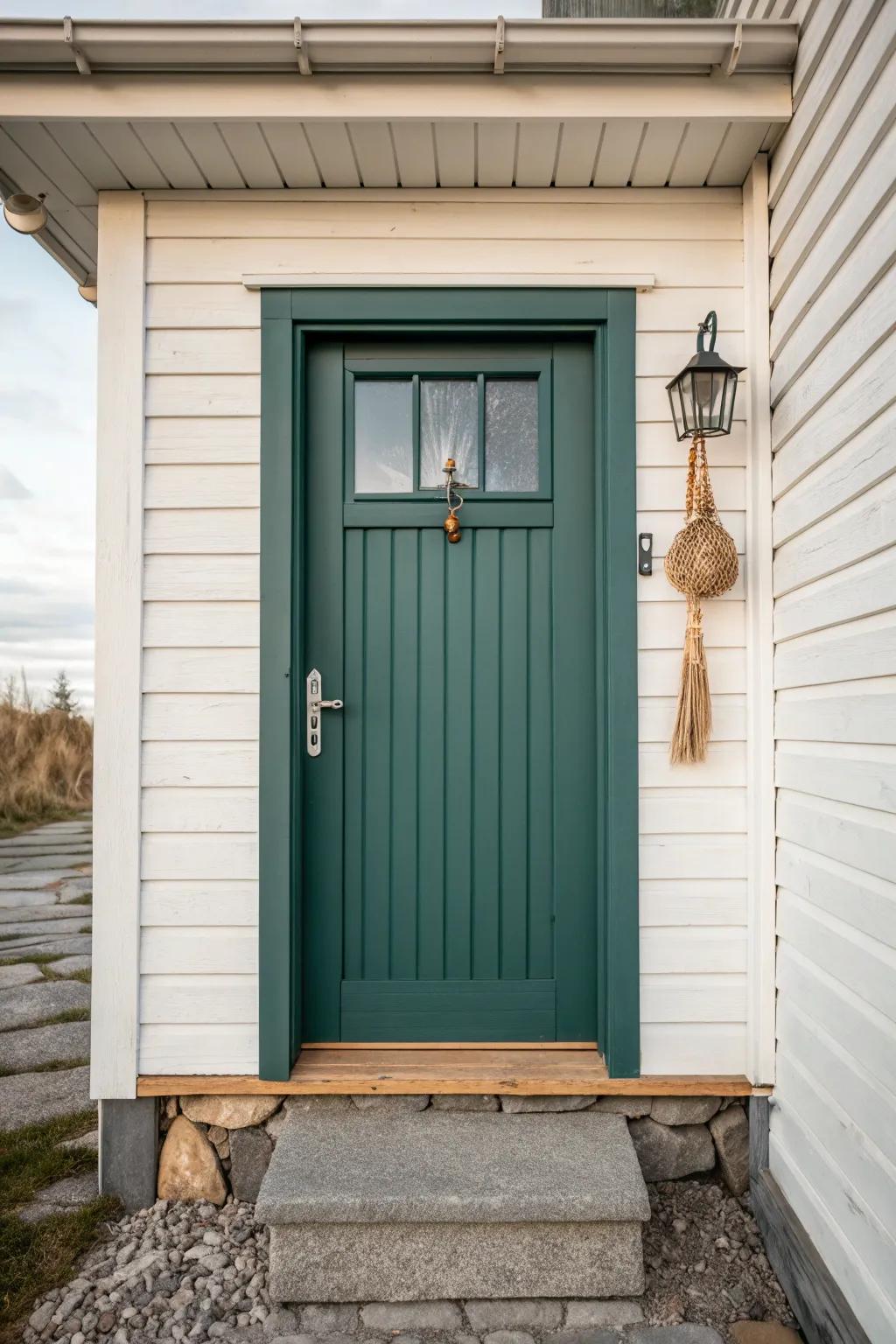 A bold, contrasting front door color instantly makes a tiny exterior entry feel finished.