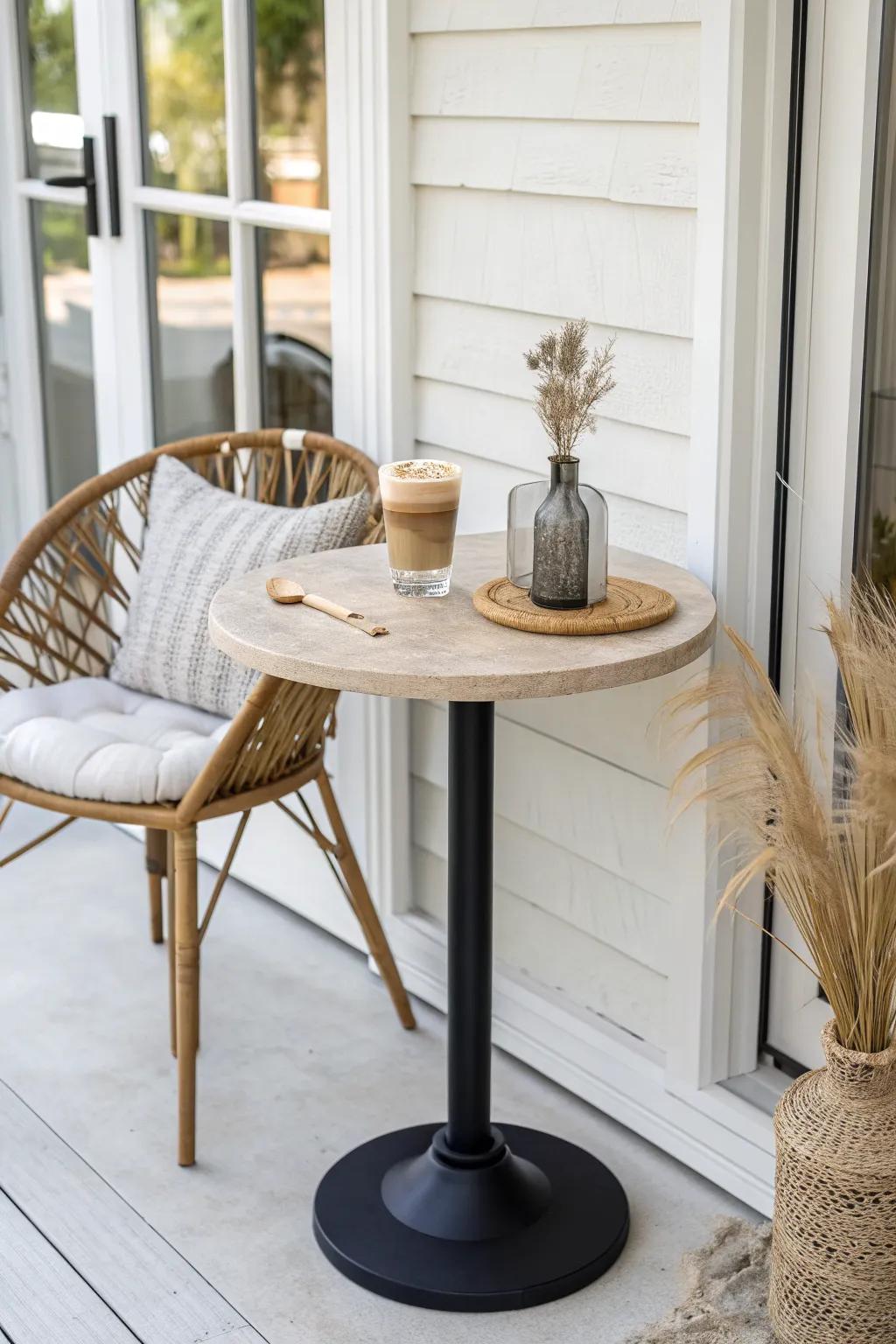 Tiny round bistro table + slim chairs: just enough space for keys and iced coffee on a porch.