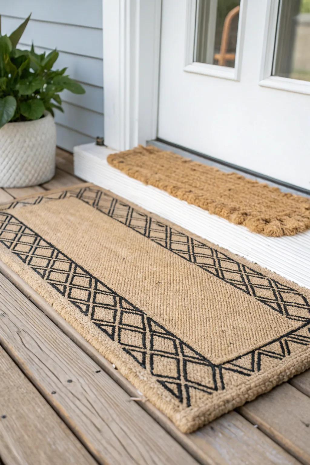 Layered doormats add instant porch style—swap the top mat seasonally and save.