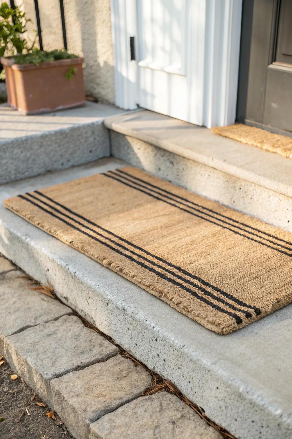 Layer a neutral rug under a simple doormat to make a tiny front step feel cozy and styled.