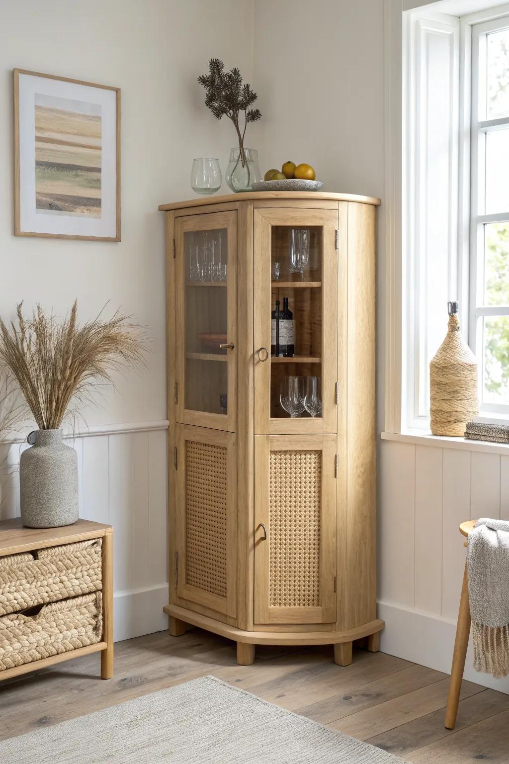 Turn an unused corner into a chic mini bar cabinet—tidy tray top, big style for small rooms.