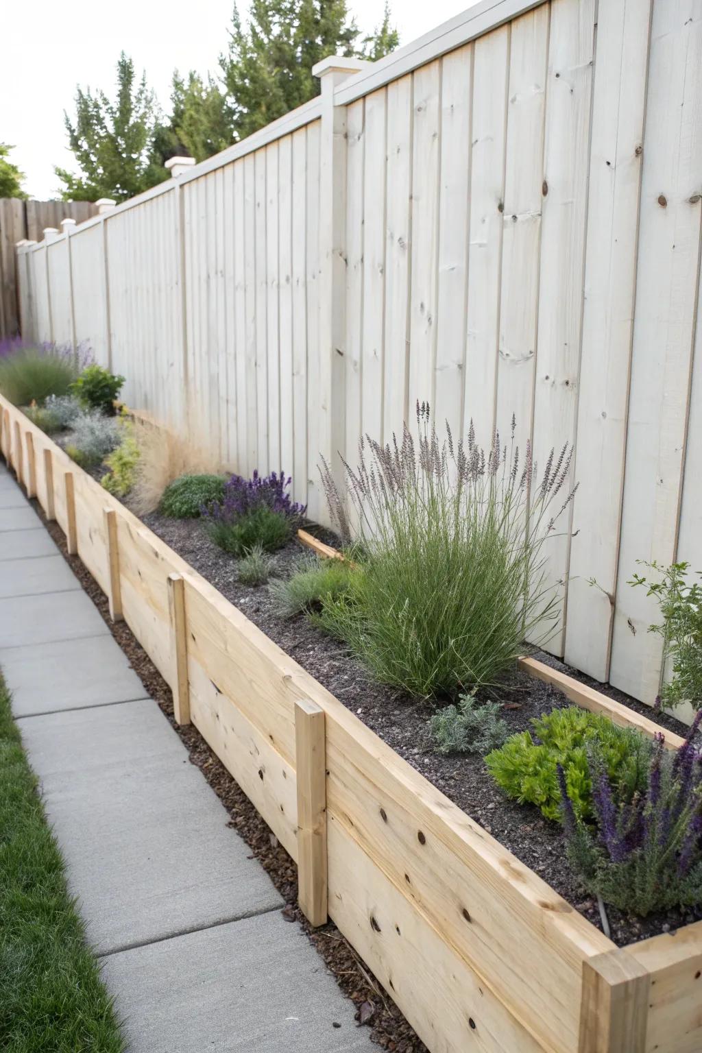 A slim cedar bed along the fence turns an awkward strip into a calm, designed garden border.