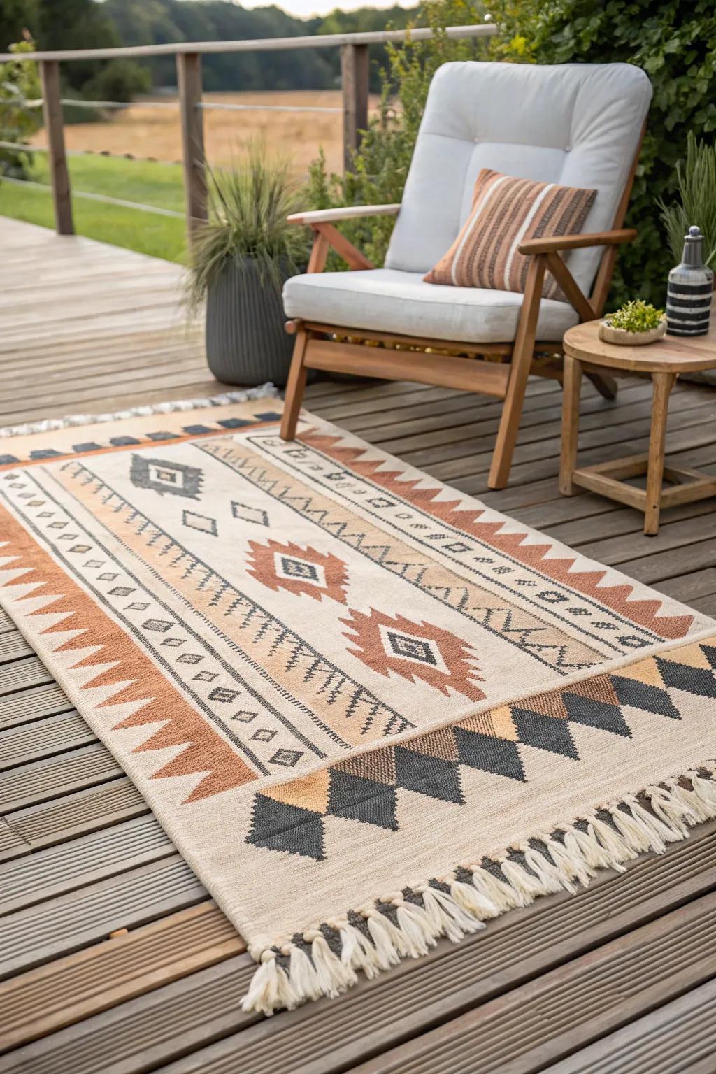Make your deck feel like a living room with one beautiful outdoor rug as the anchor.