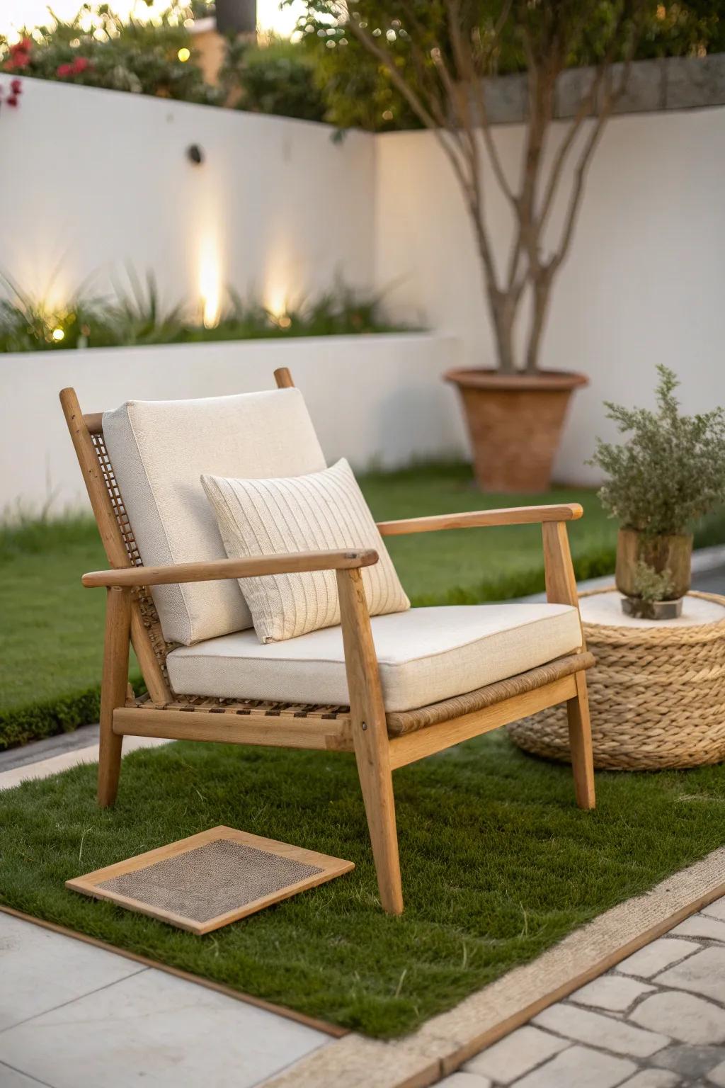 Turn artificial grass into an outdoor rug—one cozy chair makes a tiny garden feel like a room.