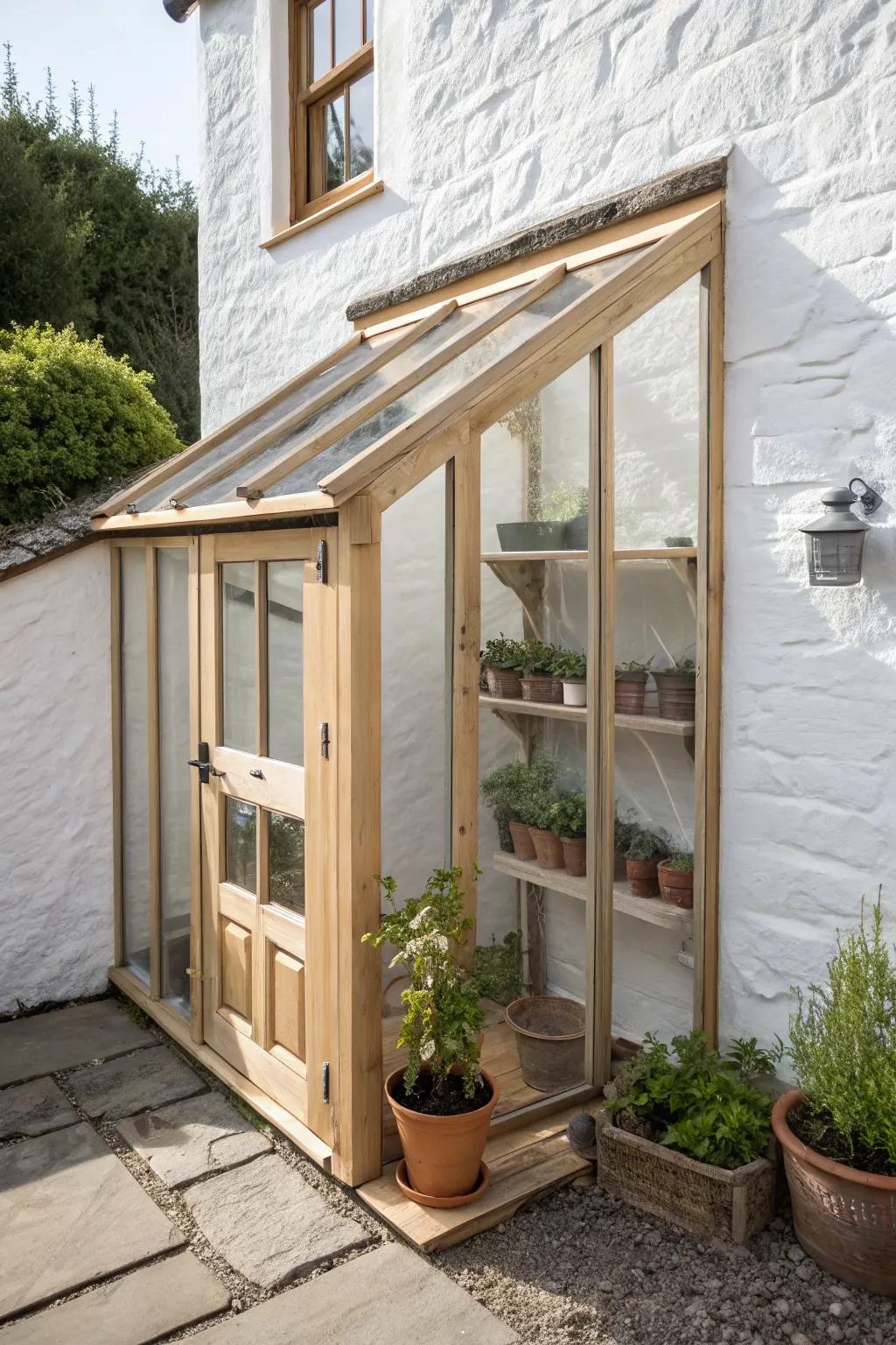 Slim lean-to greenhouse: a wall-hugging glass nook that keeps herbs and seedlings thriving.