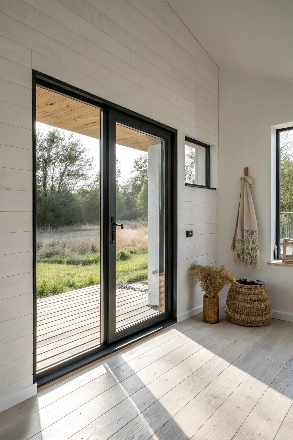 Oversized sliding glass doors make a tiny studio guest house feel bright, airy, and luxe.