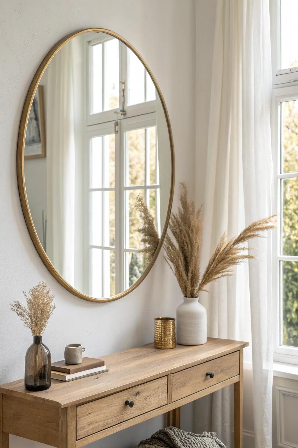 Hang one oversized mirror opposite a bright window to double the light in a small home.