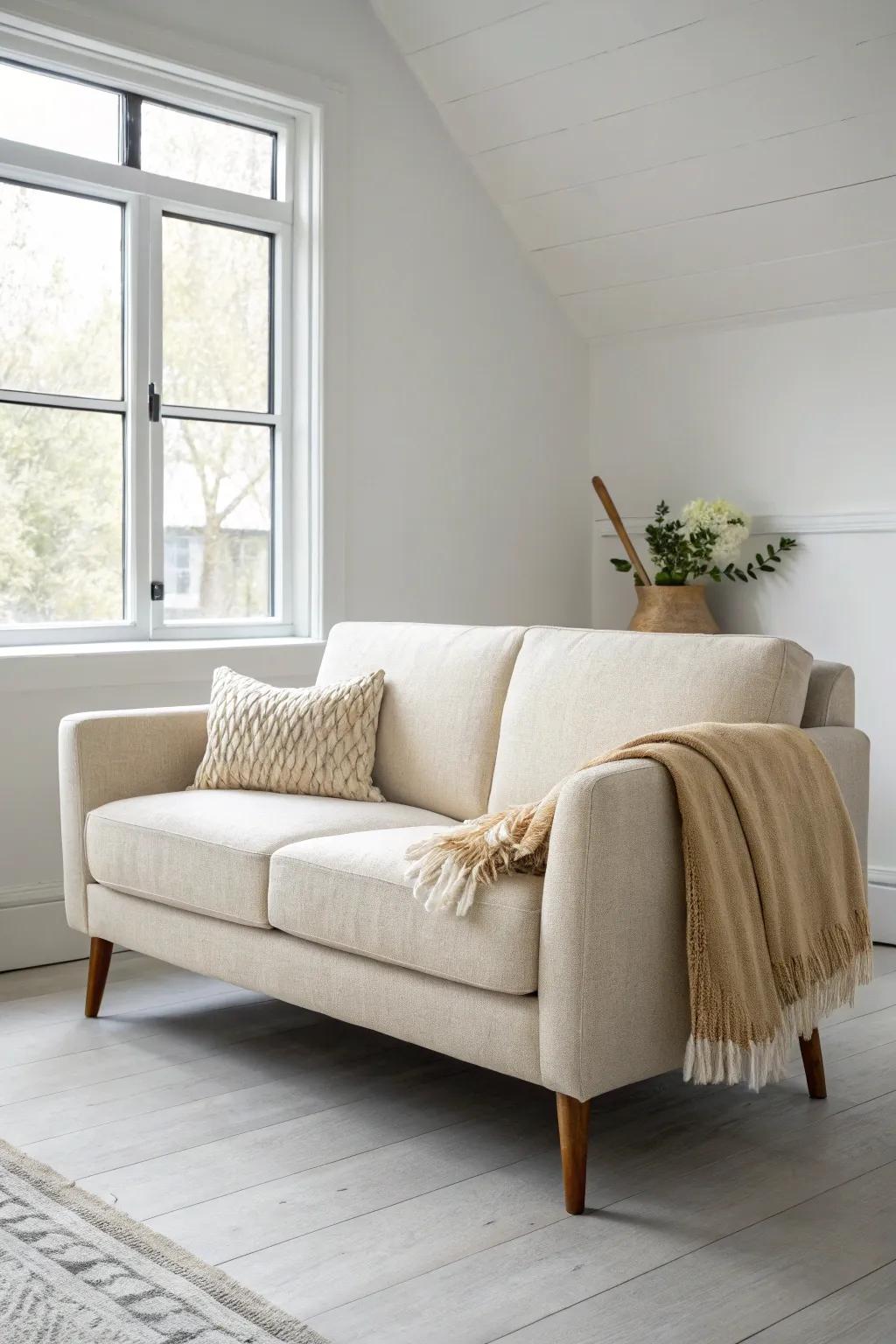 Apartment-scale seating: low, slim, and airy—big comfort without crowding your room.