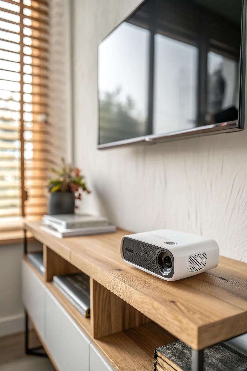 Compact projector, big-movie vibe—minimal setup that keeps your small theater airy and chic.