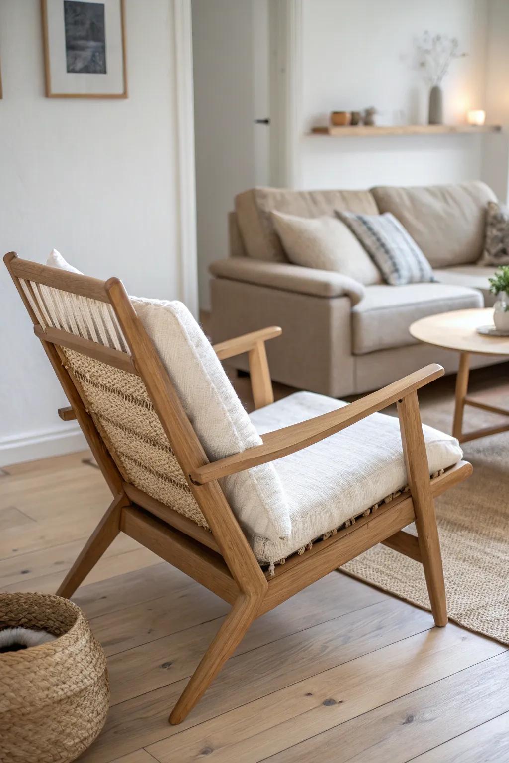 A cozy chair angled in for conversation—simple, intentional, and perfect for small rooms.