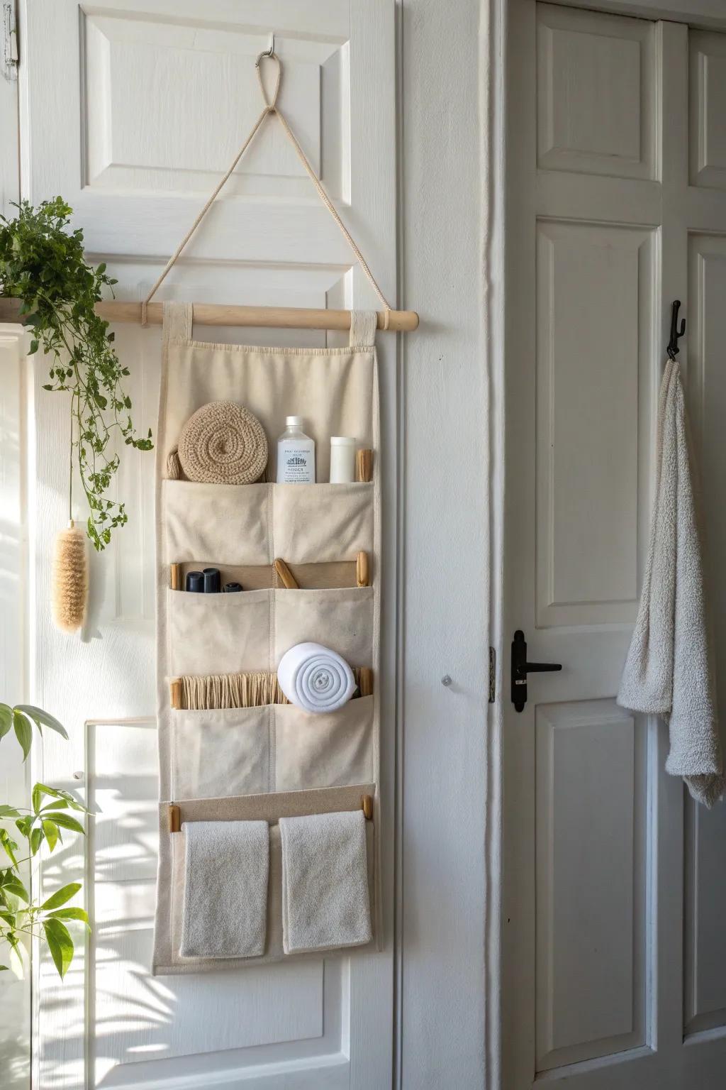 Turn the back of your door into hidden storage—clear counters with one chic hanger.