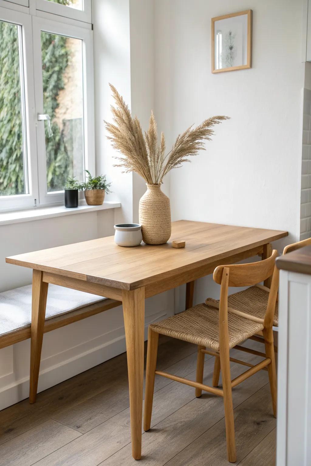 A slim wall-hugging table frees up the walkway—then pulls out for instant dinner hosting.