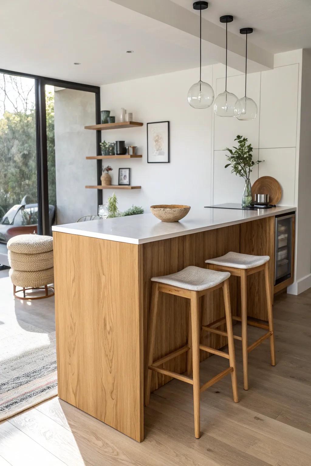 A slim peninsula bar divides the room—prep space by day, cozy perch for snacks at night.