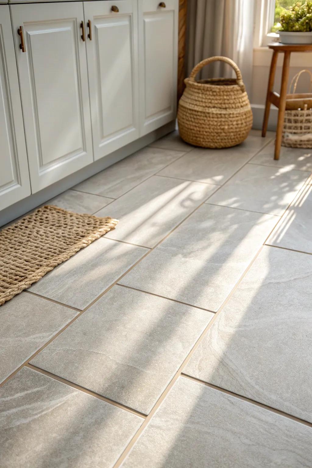 Large-format greige tile keeps a tiny kitchen calm—fewer grout lines, more open-plan feel.