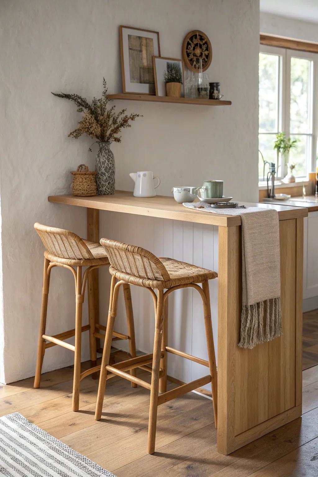 A slim wall-mounted breakfast bar with two tucked-in stools—small-space calm, crafted and chic.