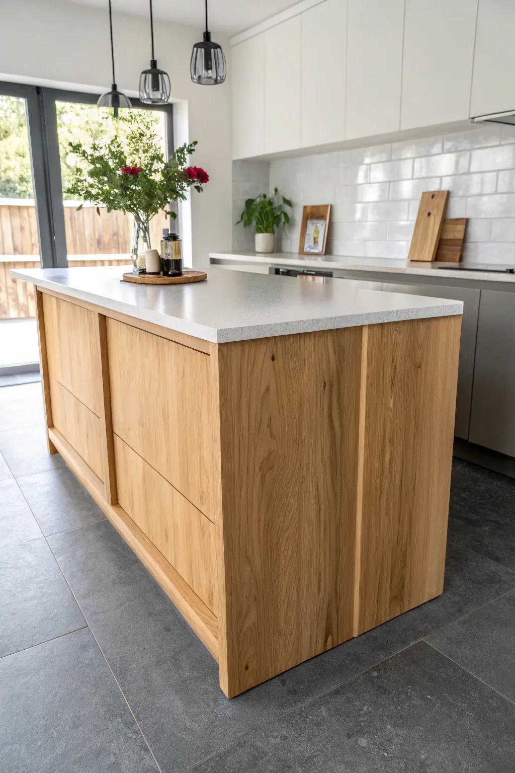 A slim oak-and-quartz peninsula adds daily prep space without stealing your kitchen walkway.