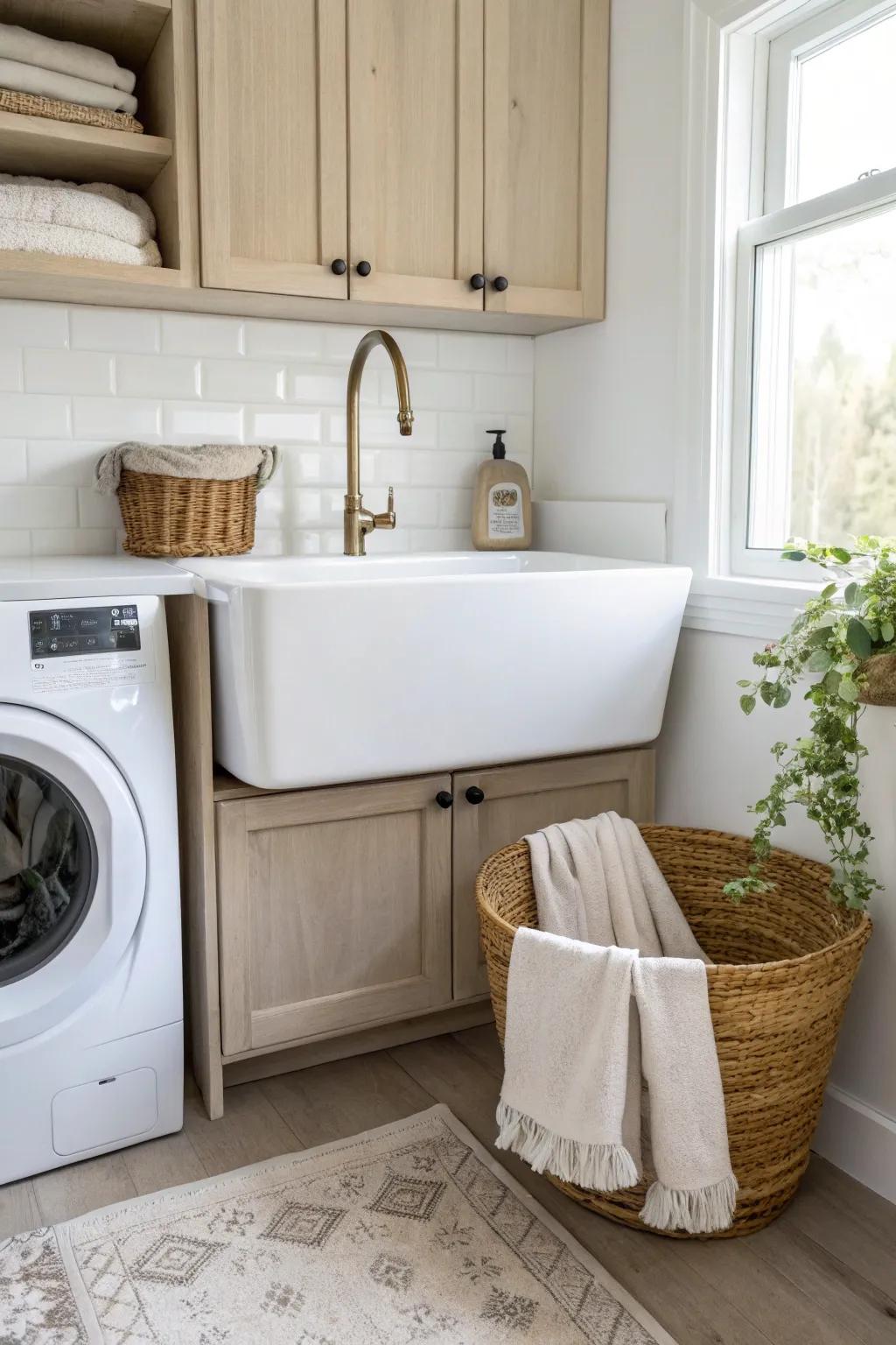 Deep sink, tiny footprint—stacked machines free up space for soaking and hand-washing.