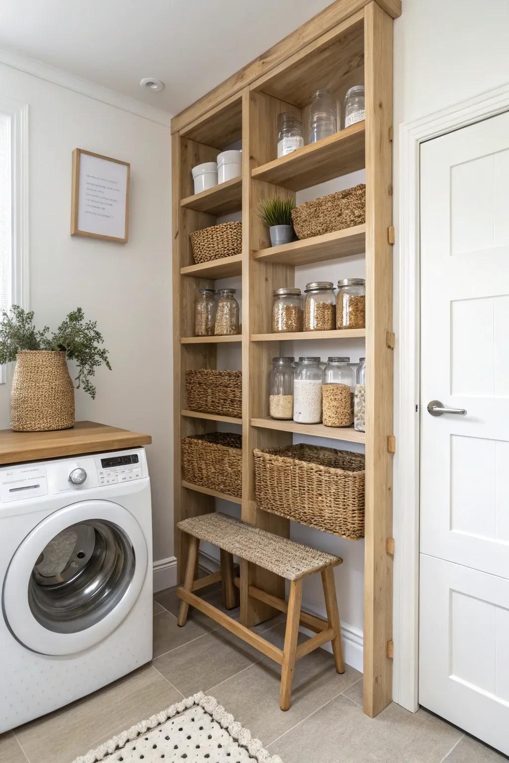 Floor-to-ceiling shelves turn a tiny laundry pantry into vertical storage with calm, airy style.