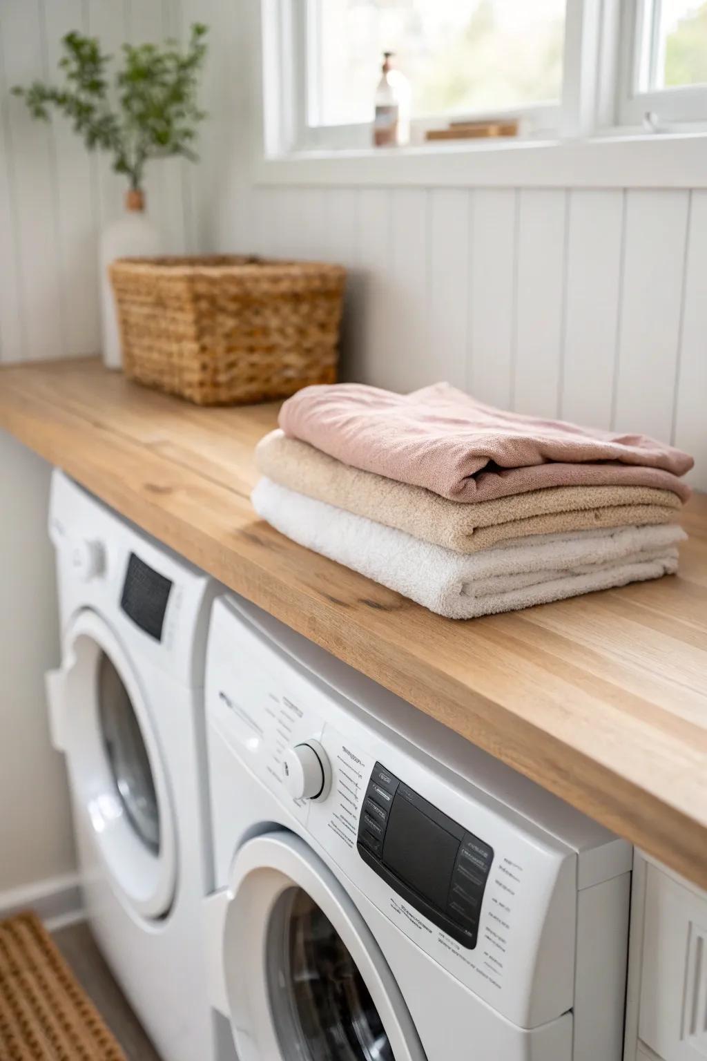 A light oak countertop under the window turns a tiny laundry nook into a chic folding station.