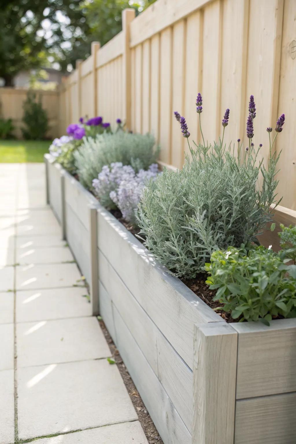 A slim fence line made lush: silvery lavender border in a minimalist planter.