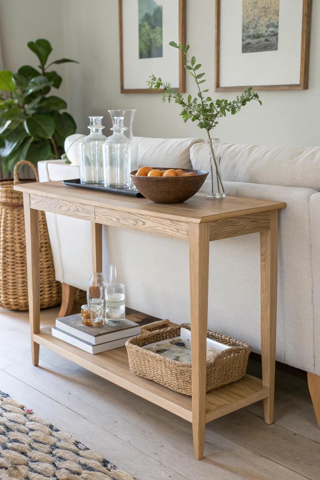 A slim console behind the sofa doubles as a chic bar—styled like décor, stocked below.