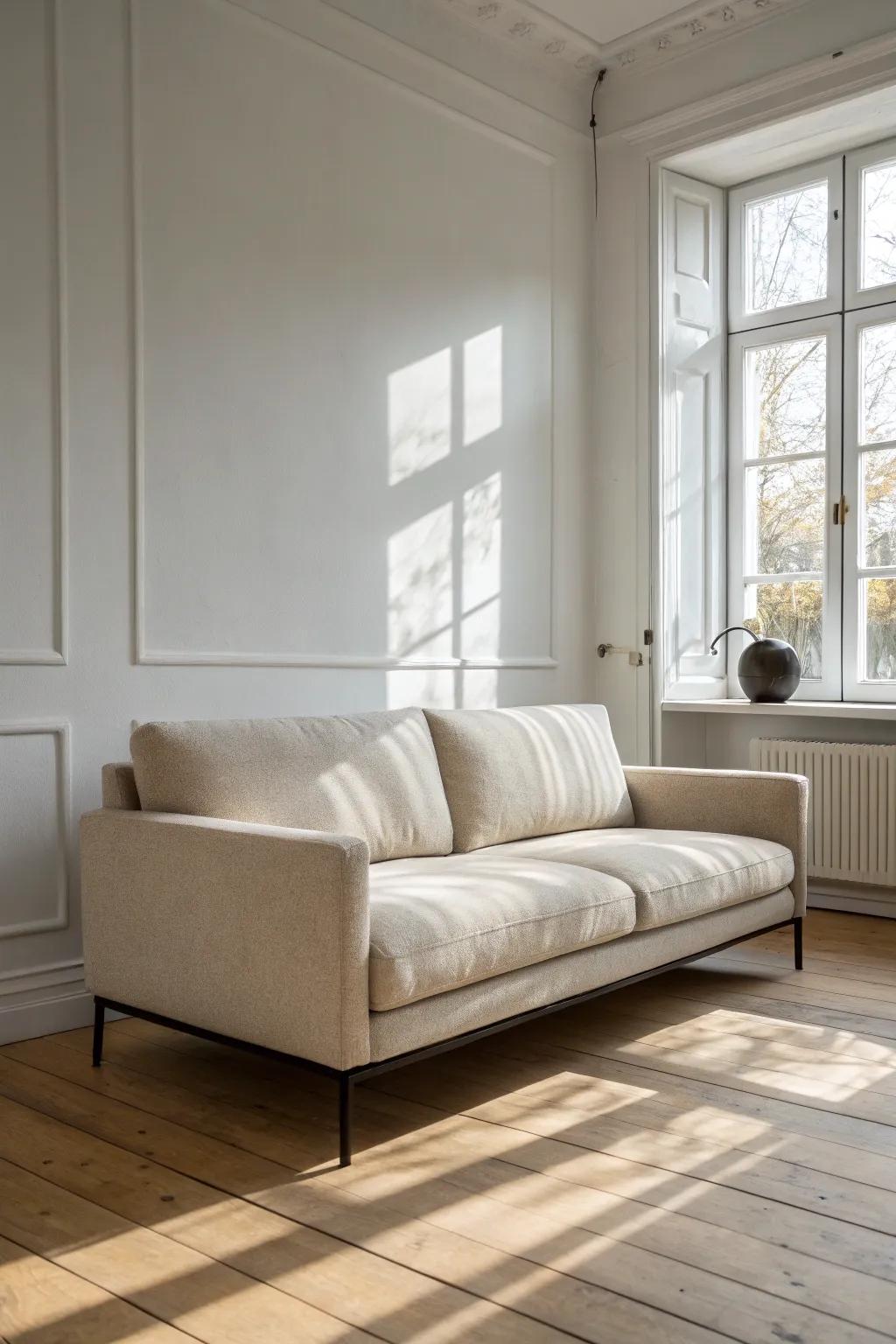 A big couch that feels airy—slim arms and a low back keep small living rooms open.