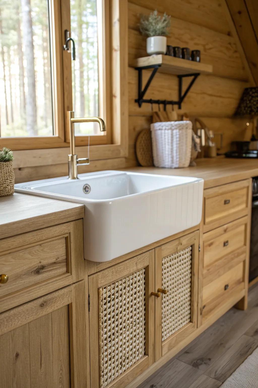 An L-shaped corner setup adds prep space and a cozy sink zone—perfect for tiny log cabins.