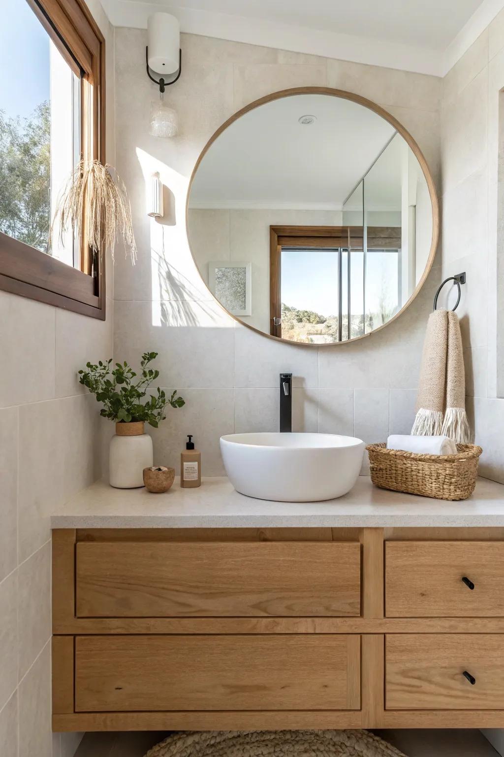 One huge wall-to-wall mirror that bounces light and makes a small master bath feel twice as big.