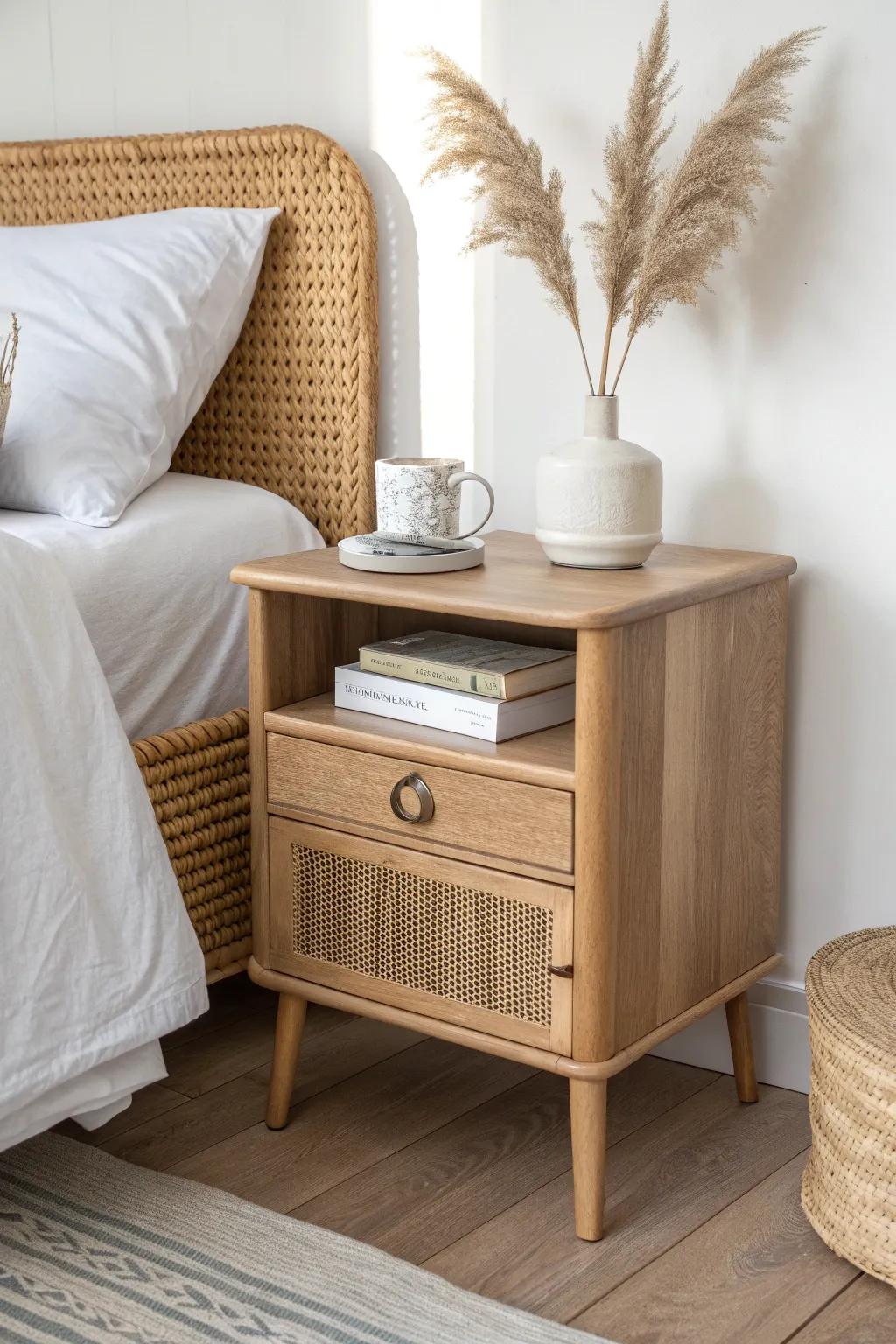 A slim matched nightstand keeps a small master bedroom feeling calm, airy, and curated.
