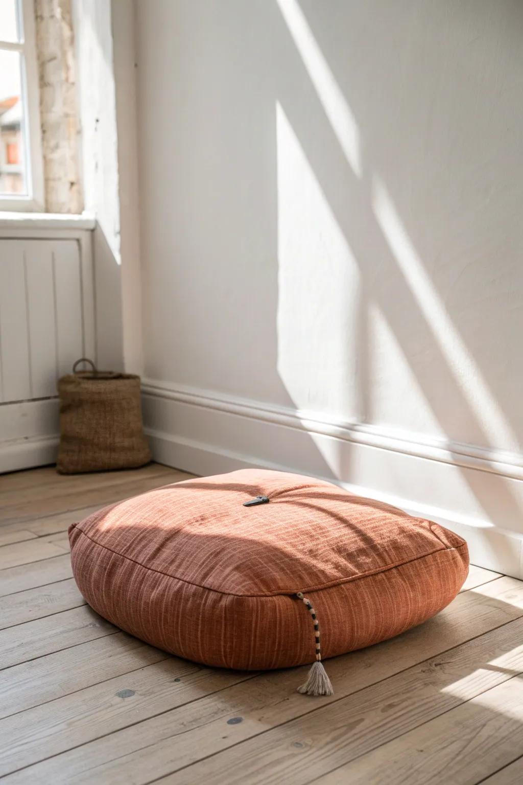 Floor-first calm: one supportive meditation cushion makes a tiny space feel grounded.