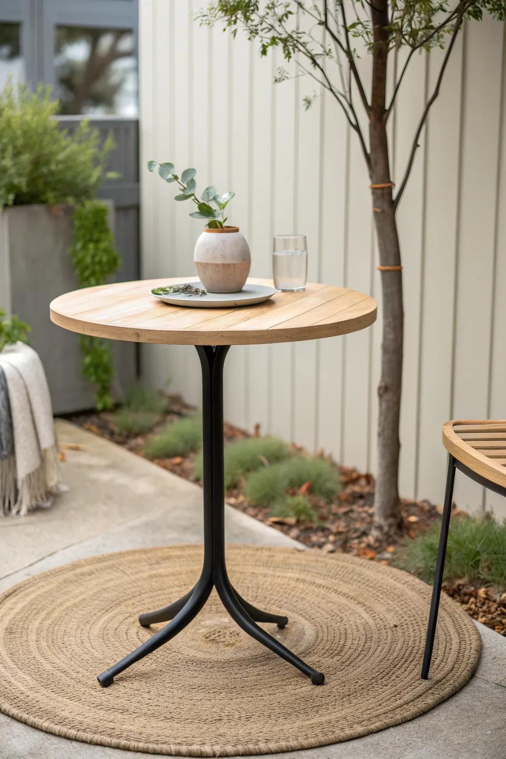 Zone a tiny garden like a living room—one rug + bistro table instantly defines the dining spot.