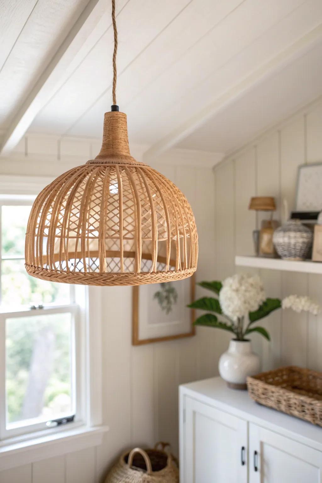 Warm white + soft greige made easy—this woven pendant adds texture without crowding a small suite.