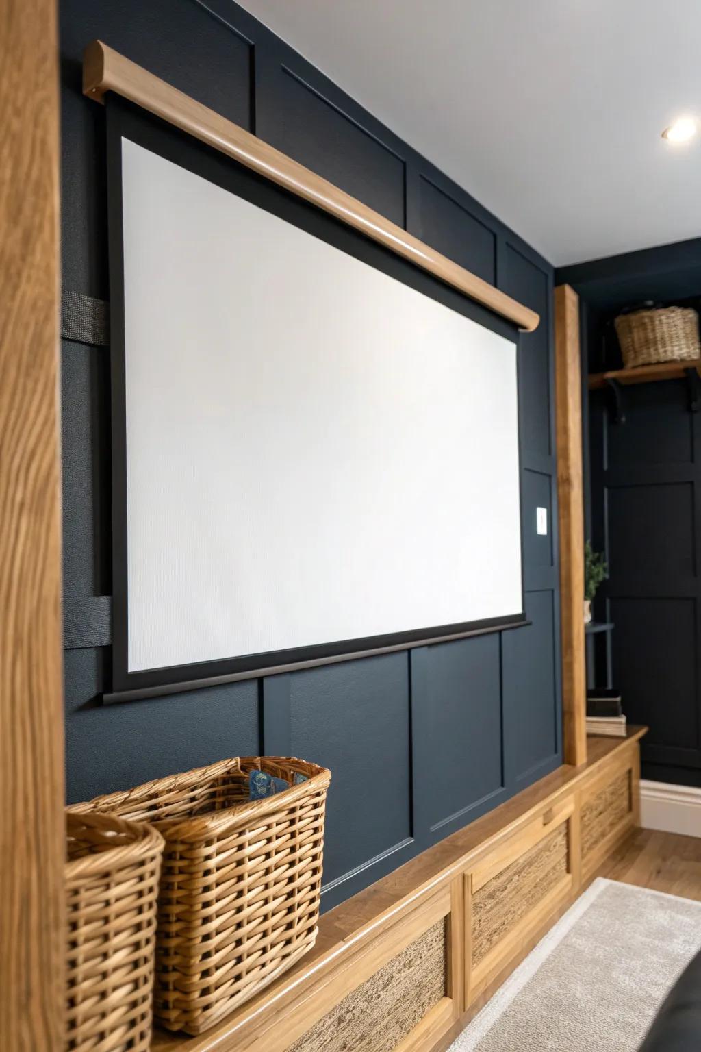 A deep charcoal feature wall makes the white screen pop—instant cozy theater vibe in a small room.