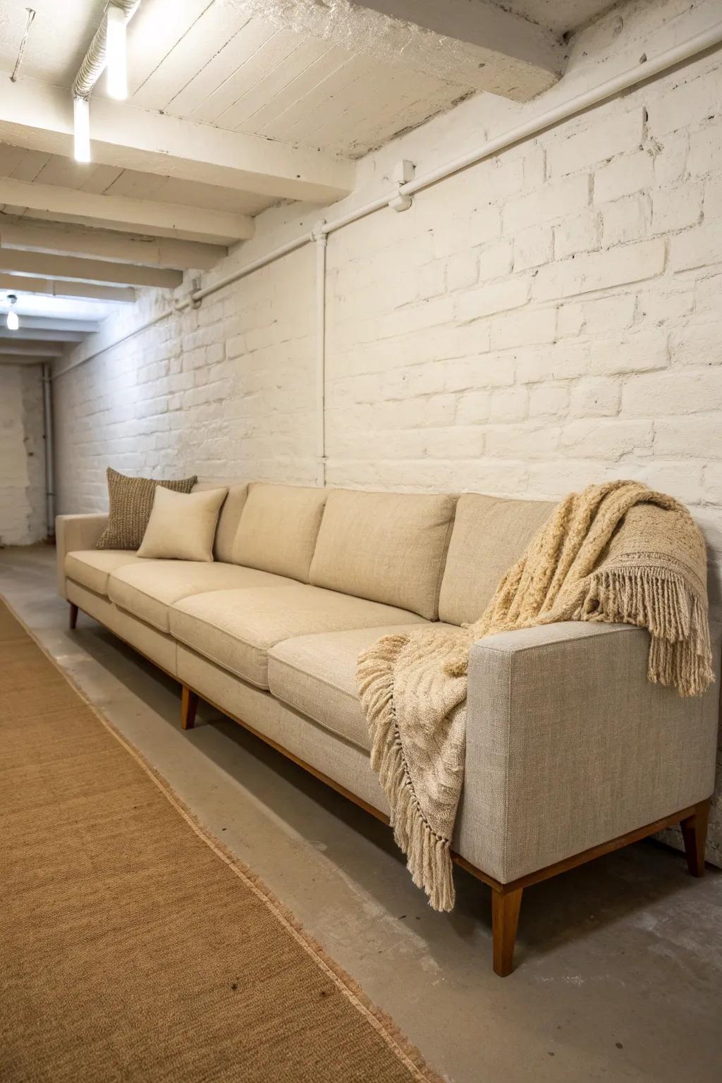 L-shaped sectional hugged to one wall—maximum cozy seating with a clear walkway in a narrow basement.