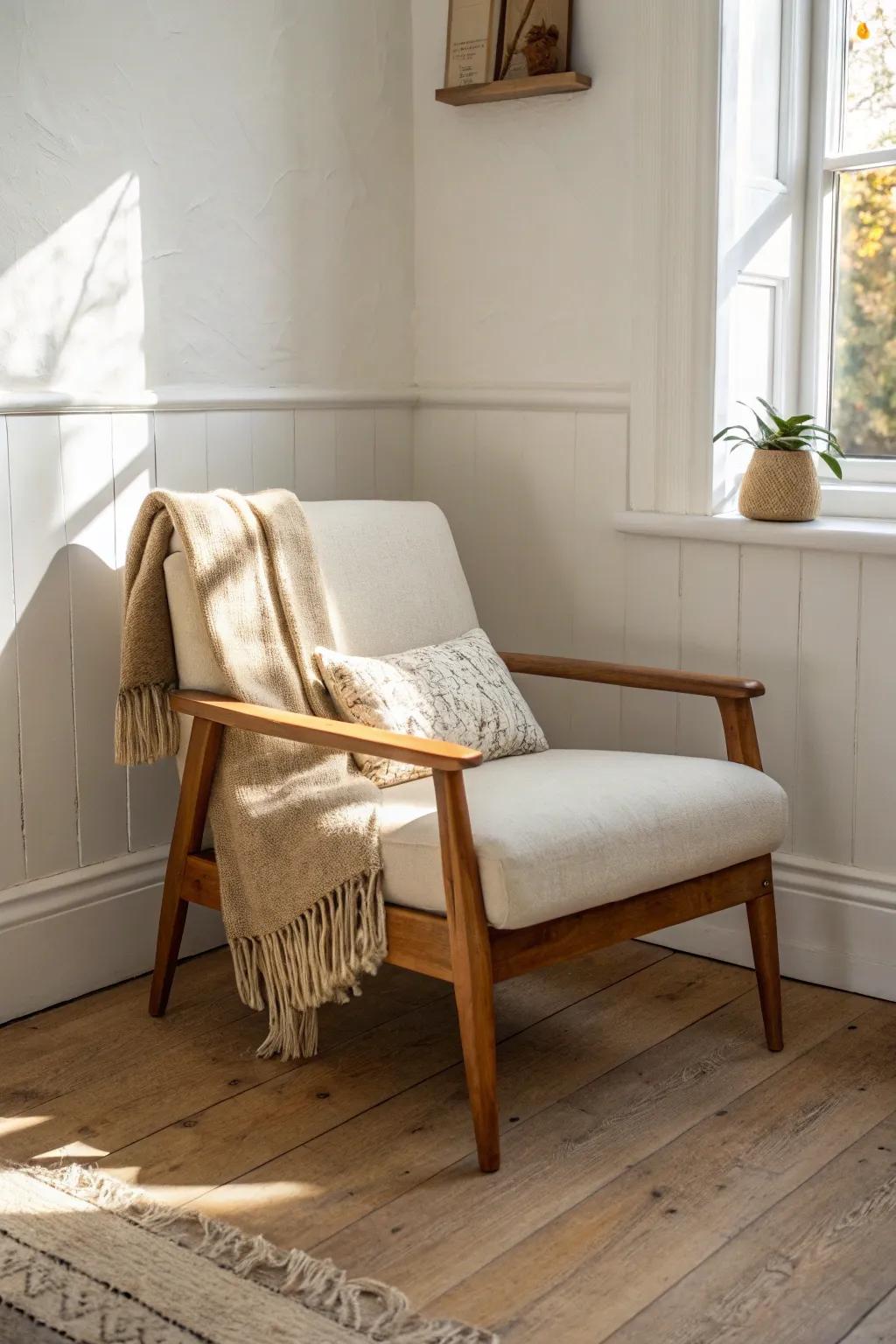 A classic reading chair corner—soft boucle, warm oak, and a cozy linen throw.