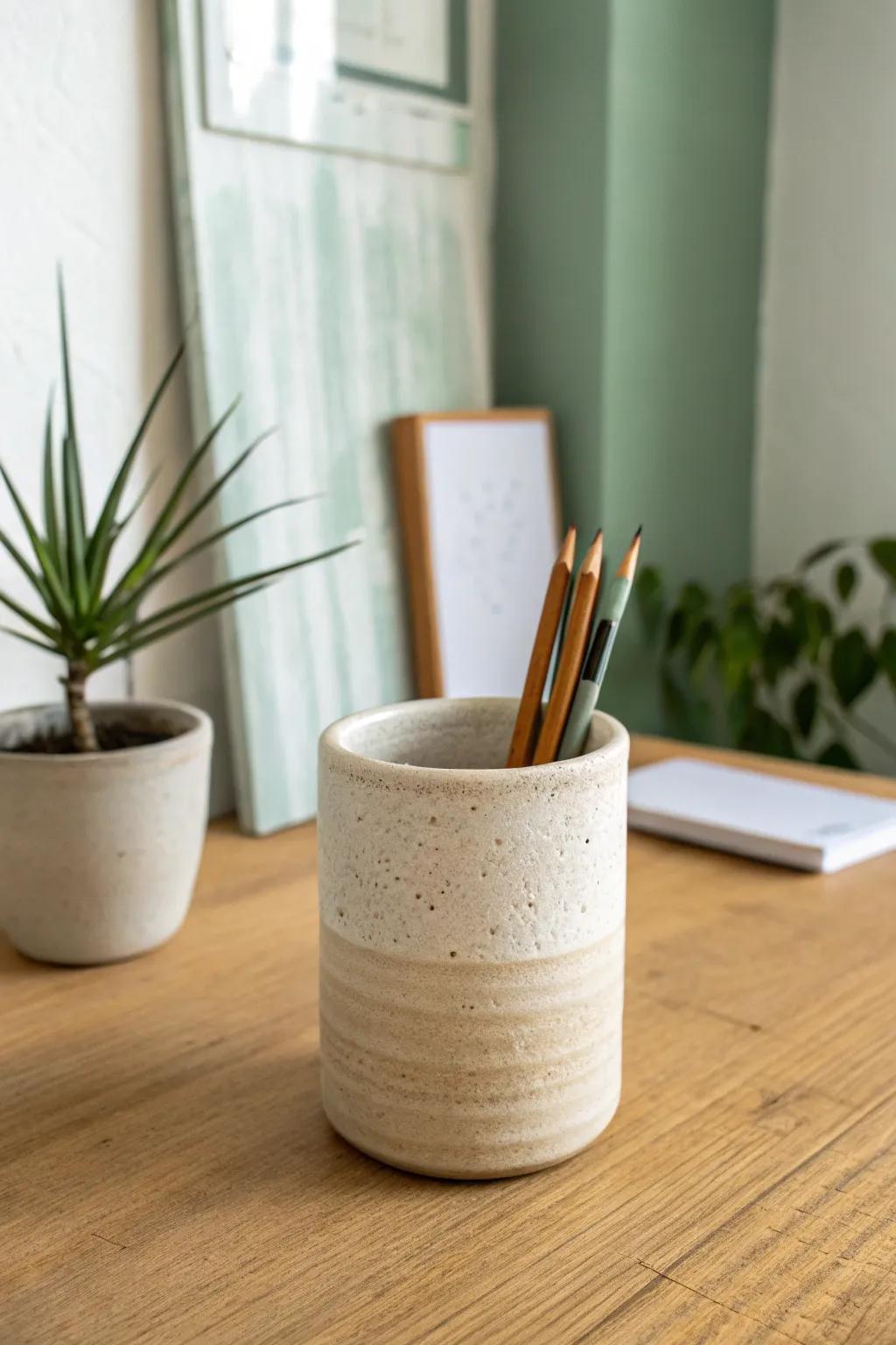 Light neutrals with one sage accent instantly make a small workspace feel calmer and more open.