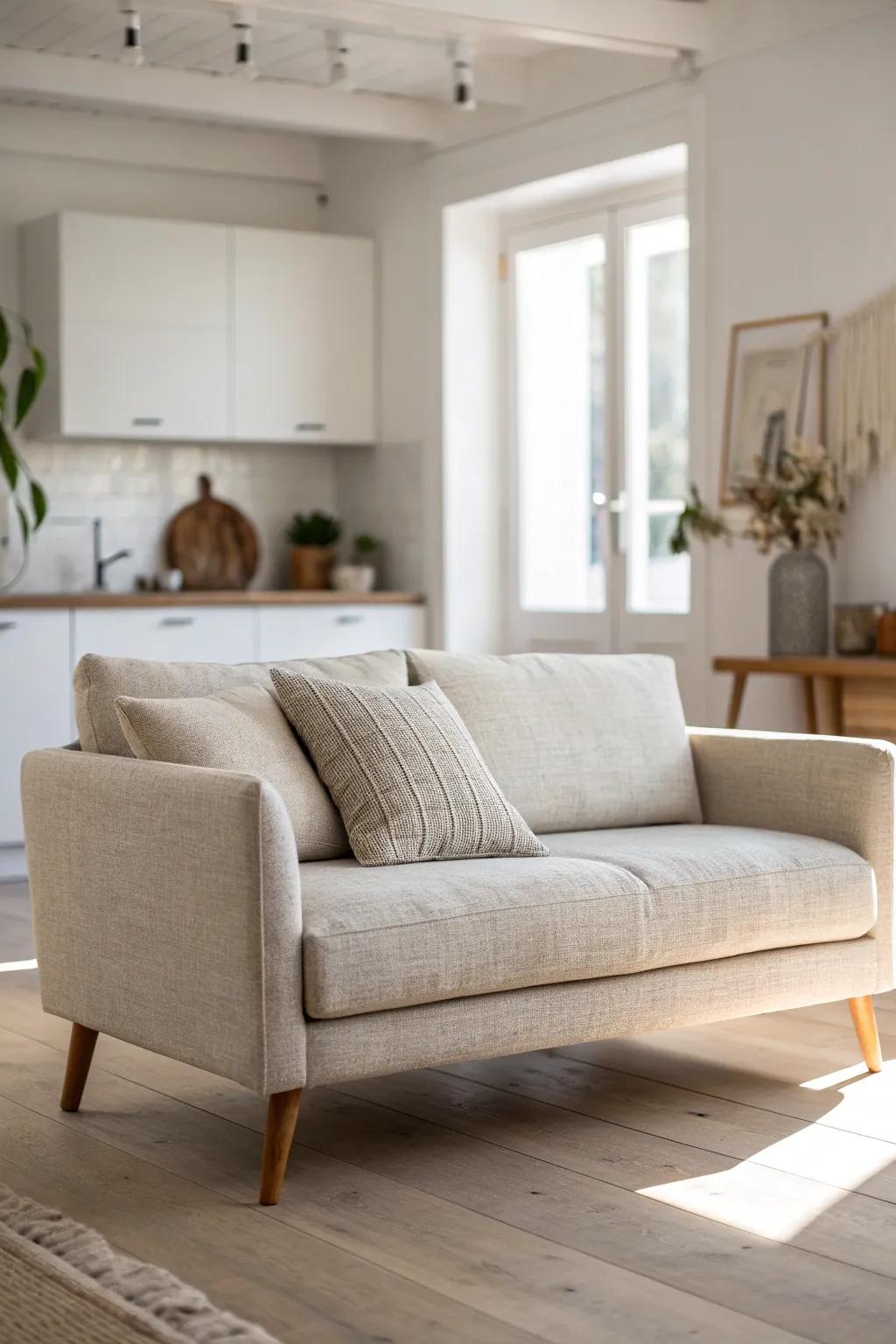 Float your sofa as a soft divider—define kitchen and living areas without blocking light.