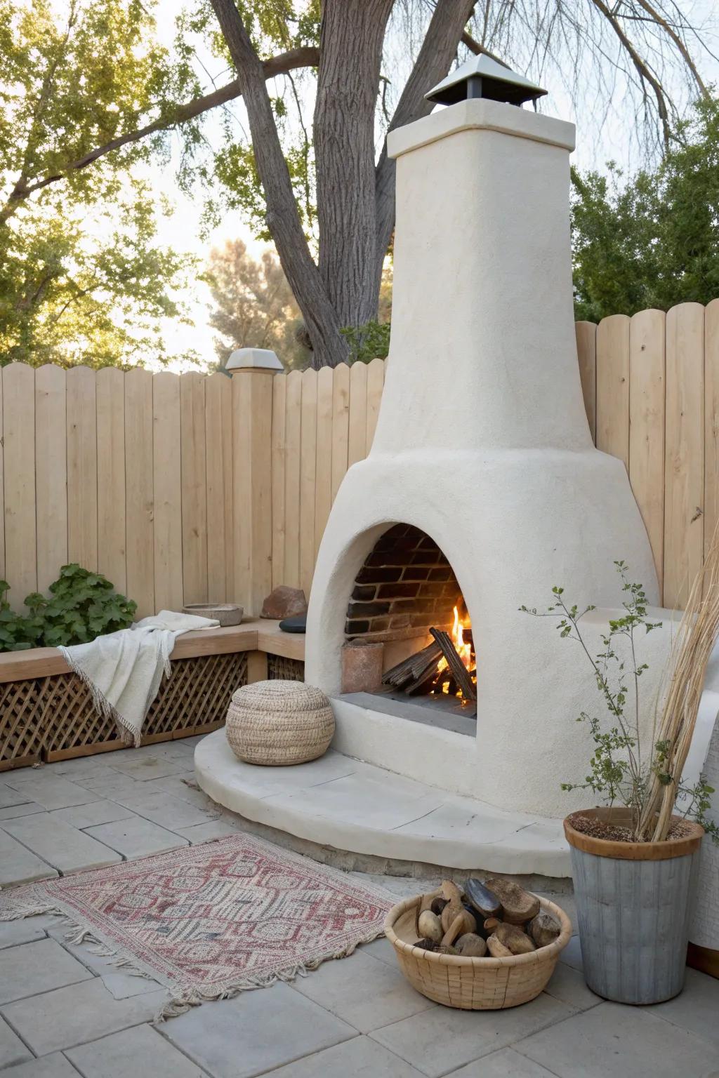 A tucked-in corner fireplace nook that turns a small patio dead zone into a cozy retreat.