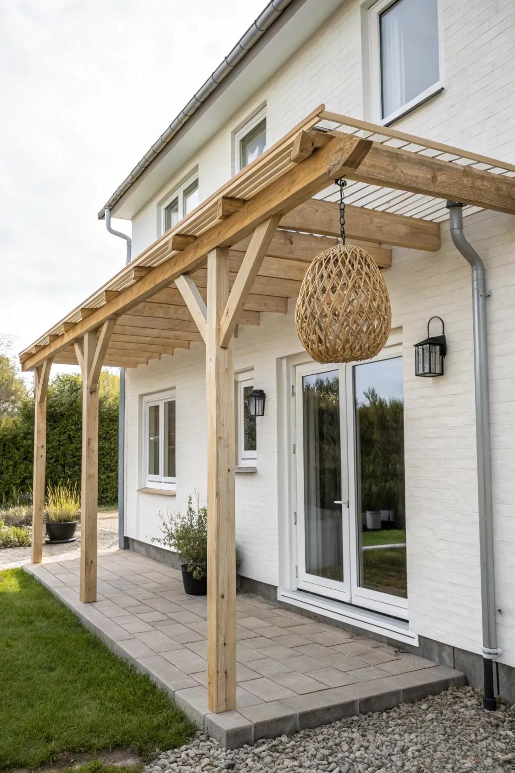 An attached pergola that matches the trim—instant bonus room vibes for a small patio.