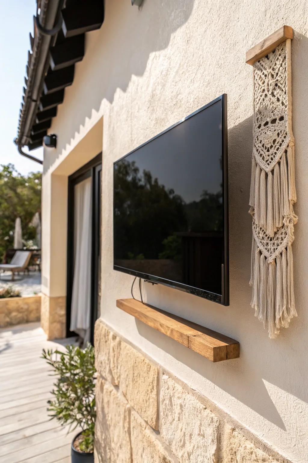 A slim wall-mounted TV keeps a tiny patio open, airy, and effortlessly stylish.