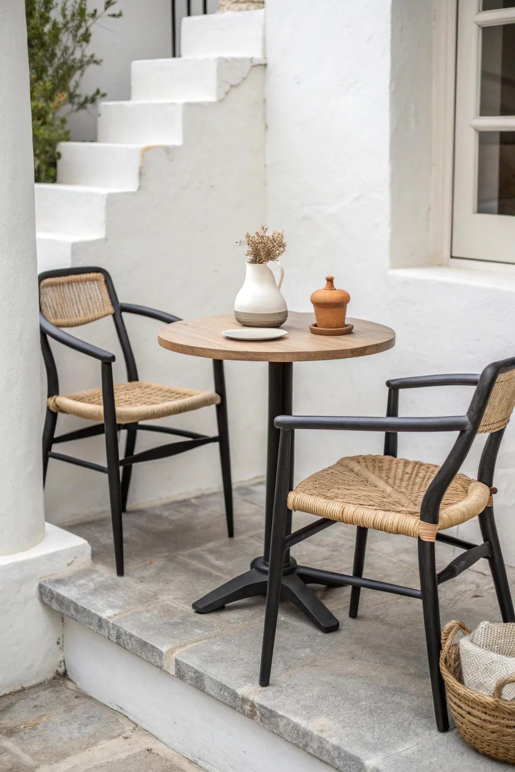 A tiny side table between matching chairs makes even the smallest porch feel calm and complete.