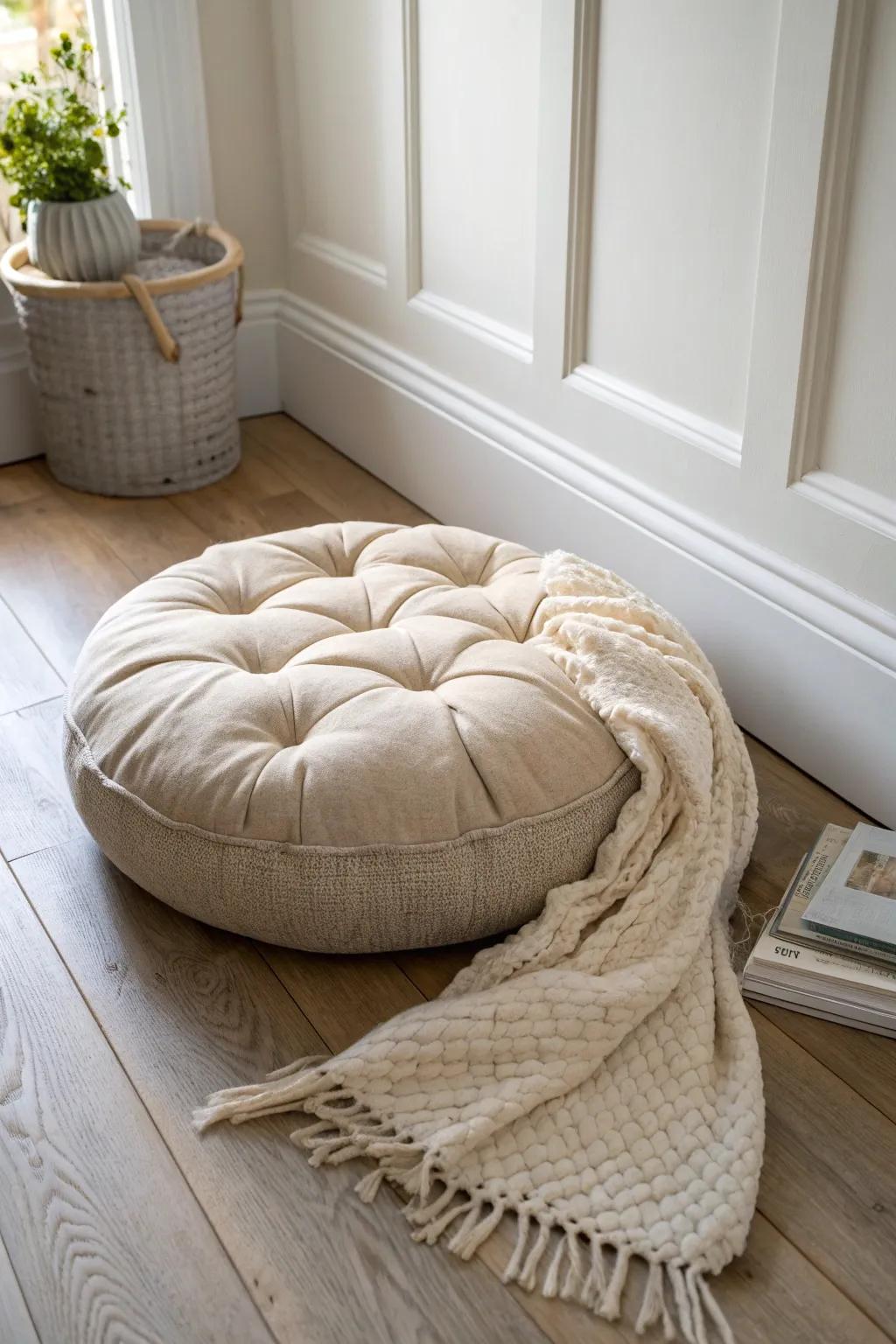 A plush floor cushion and folded blanket create a cozy, space-saving prayer nook.