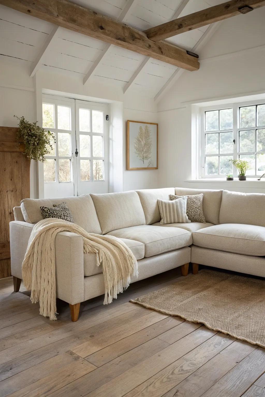 An L-shaped corner sofa hugs the walls, freeing up walkways in a small ranch living room.