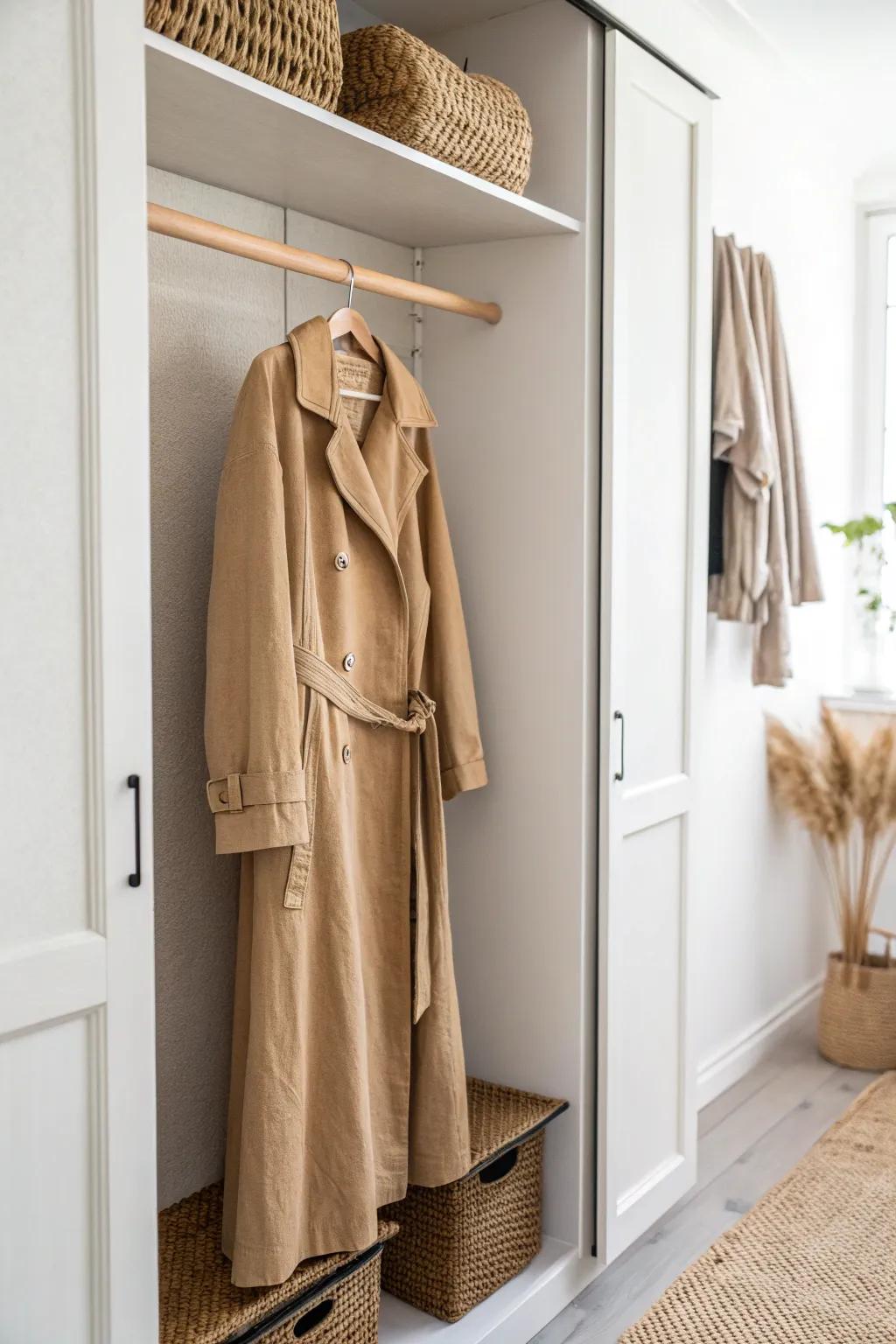 Reserve a slim long-hang zone so dresses and coats stay smooth in a small reach-in closet.