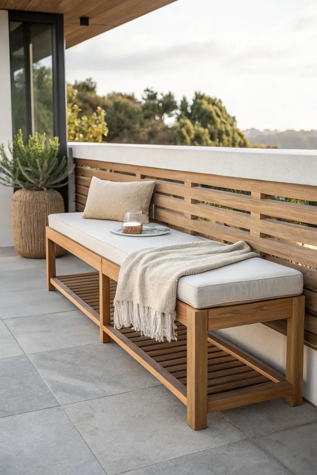 Perimeter bench seating keeps the rooftop deck center open—instantly airy, calm, and spacious.